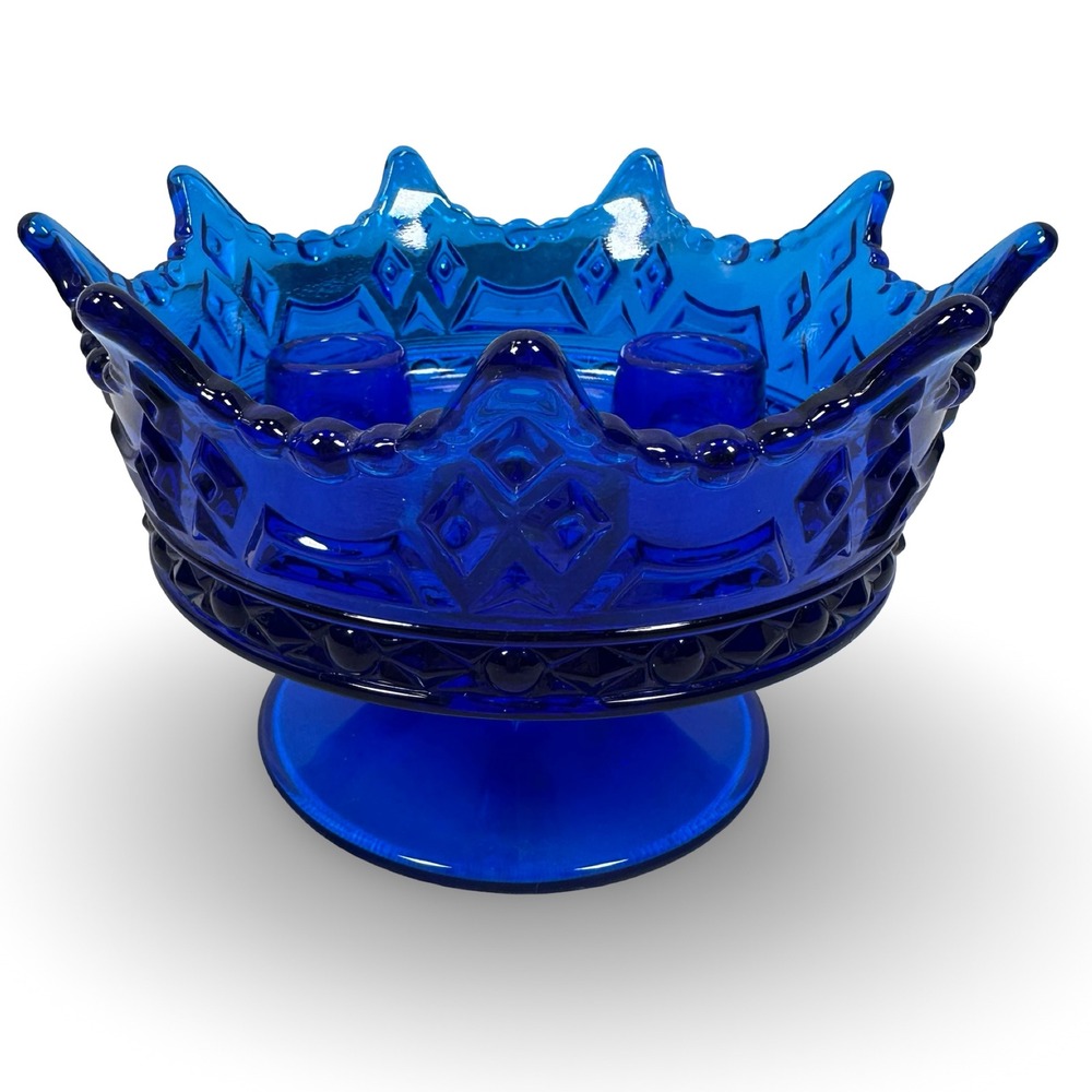 Fostoria‎ Luxembourg Crown Triple Candle Holder Cobalt Blue Footed Glass Rare